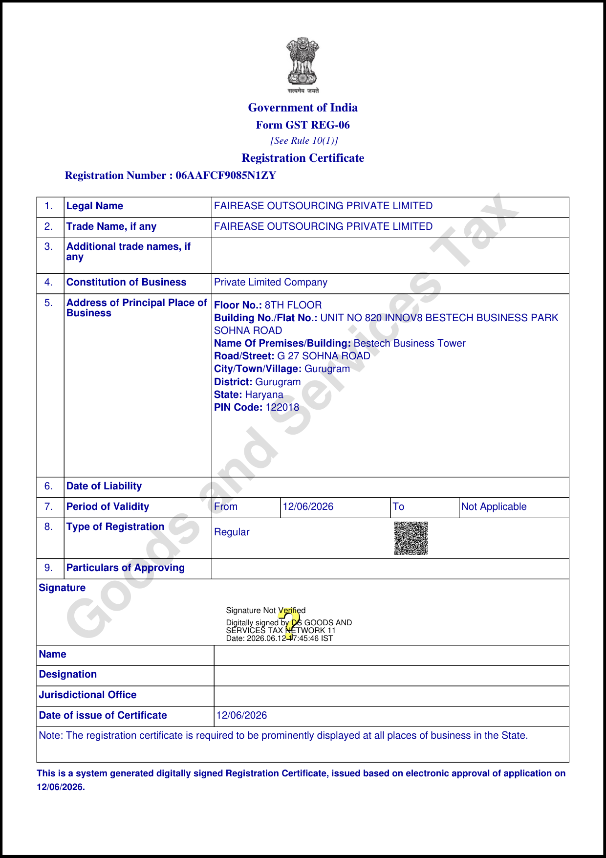 GST Registration Certificate - Fairease Outsourcing Pvt. Ltd.