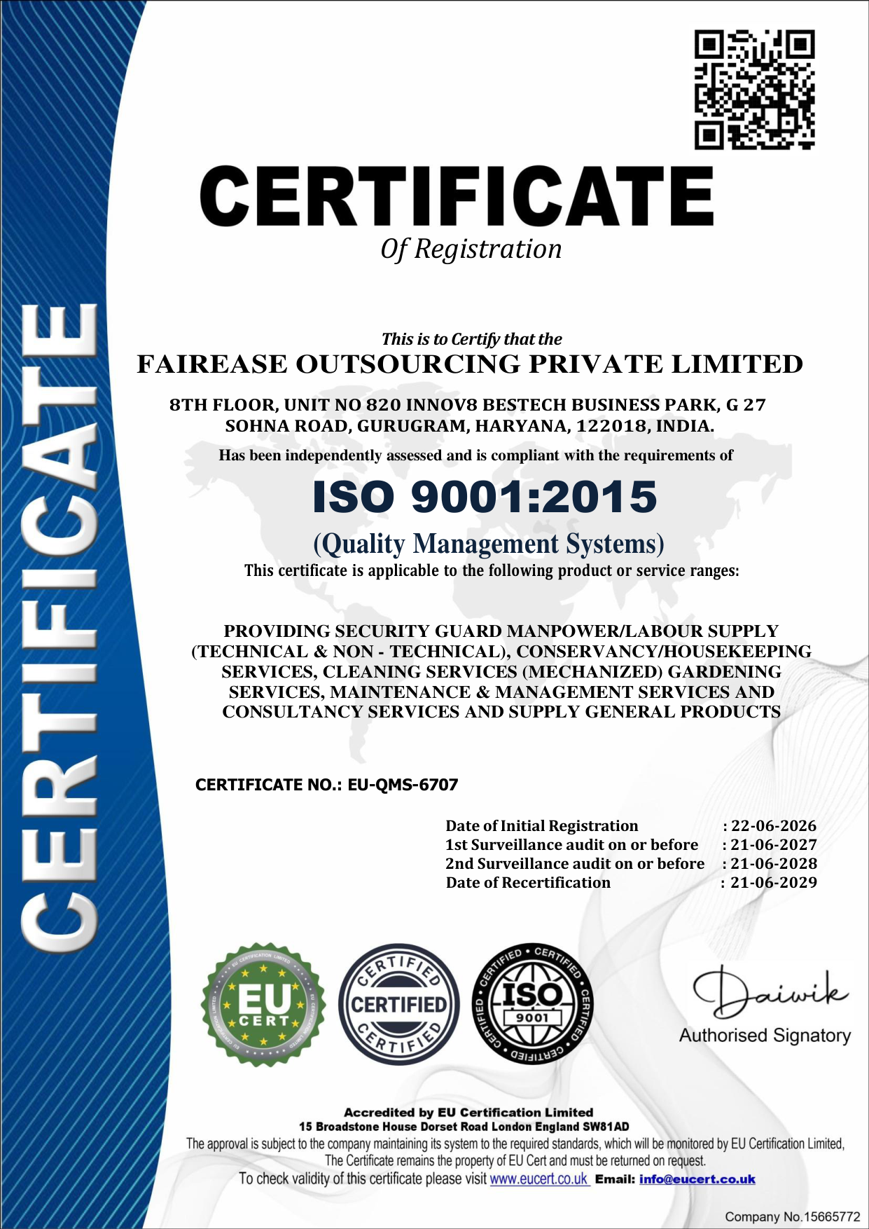 ISO 9001:2015 Certificate - Fairease Outsourcing Pvt. Ltd.