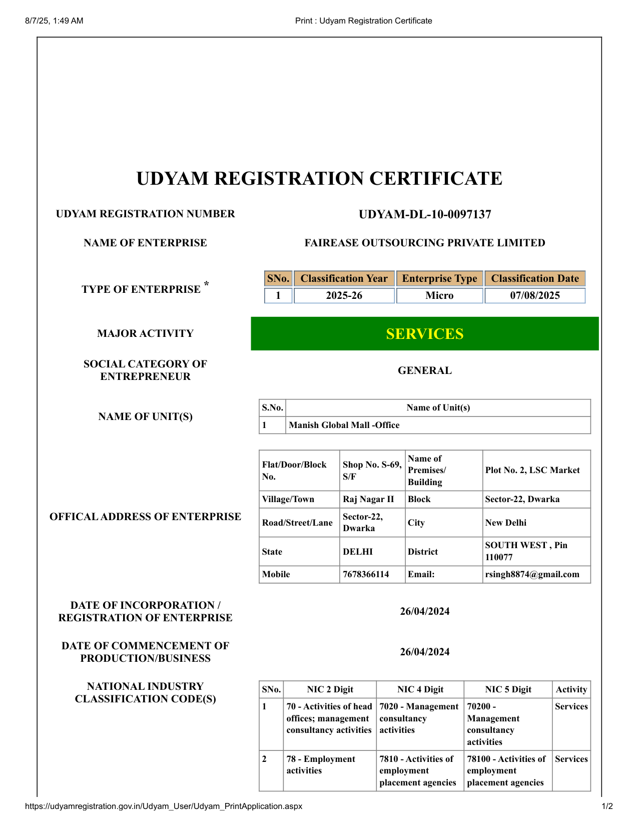 MSME Udyam Registration Certificate - Fairease Outsourcing Pvt. Ltd.